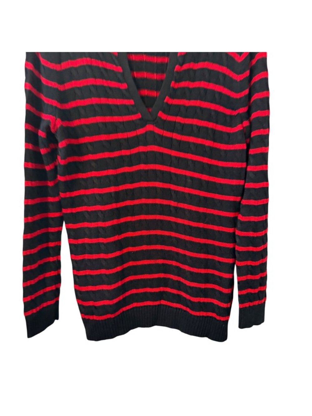 Lauren Ralph Lauren Black & Red Striped V-Neck Sweater XL Cotton Viscose Blend - Picture 7 of 12